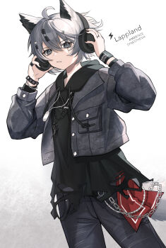 1girl absurdres ahoge ambience_synesthesia animal_ears arknights black_hoodie black_nails chain character_name copyright_name cowboy_shot denim dog_tags grey_eyes grey_hair grey_jacket grey_pants headphones highres hood hoodie jacket jacket_over_hoodie jeans lappland_(ambience_synesthesia)_(arknights) lappland_(arknights) long_sleeves official_alternate_costume open_clothes open_jacket pants pumpkinnn scar scar_across_eye scar_on_face short_hair simple_background solo sweatband tail wavy_mouth white_background