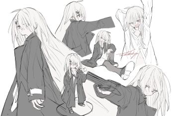 Rule 34 | 1girl, aiming, black coat, coat, harly whealer, heterochromia, highres, holding, holding weapon, looking at viewer, loose necktie, necktie, original, oversized clothes, shirt, sitting, sleeves past wrists, solo, stretching, watakokyu, weapon, white hair, white shirt, yawning