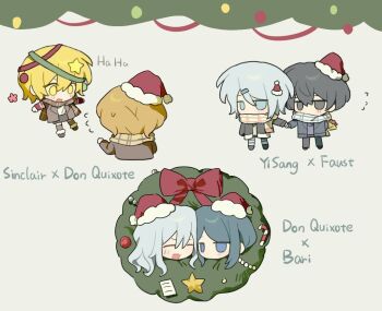 3boys 3girls bari_(project_moon) black_hair blonde_hair blue_eyes blue_hair chibi christmas closed_eyes closed_mouth commentary couple don_quixote_(project_moon) english_text faust_(project_moon) flying_sweatdrops hand_grab hat hetero la_manchaland's_don_quixote_(project_moon) limbus_company lmojn3 multiple_boys multiple_girls open_mouth project_moon santa_hat scarf short_hair sinclair_(project_moon) symbol-only_commentary white_hair yellow_eyes yi_sang_(project_moon)