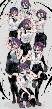 1girl :p absurdres alternate_breast_size_(larger) armpits bare_arms black_choker black_ribbon black_shorts black_thighhighs breasts brown_shoes chainsaw_man choker collage commentary_request dancing green_eyes grenade_pin hair_between_eyes hand_glasses highres iris_out_(song) kinakomochi_(user_vedc2333) large_breasts loafers long_hair_between_eyes multiple_views neck_ribbon purple_hair reze_(chainsaw_man) ribbon shirt shirt_tucked_in shoes short_shorts shorts sleeveless sleeveless_shirt thighhighs tongue tongue_out white_shirt