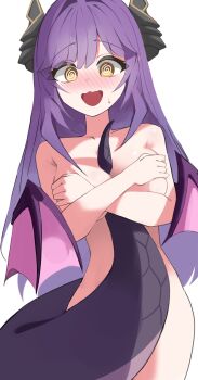 1girl @_@ absurdres armpit_crease between_breasts blush breasts commentary_request completely_nude covering_breasts covering_privates cowboy_shot dragon_girl dragon_horns dragon_tail highres horns korean_commentary large_breasts long_hair looking_at_viewer nose_blush nude open_mouth purple_hair raised_eyebrows renibou sakihane_huya simple_background small_sweatdrop solo standing stellive tail tail_between_breasts virtual_youtuber wavy_mouth white_background wings yellow_eyes
