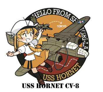 Rule 34 | 1girl, aircraft, airplane, black hair, black socks, brown shoes, chibi, chibi only, commentary, english commentary, english text, hat, holding, kneehighs, multicolored hair, necktie, open mouth, orange hair, orange necktie, orange skirt, original, personification, shirt, shoes, short sleeves, simple background, skirt, socks, solo, star (symbol), streaked hair, uss hornet (cv-8), white hat, white shirt, yorktown cv-5