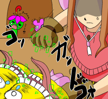 Rule 34 | brown eyes, brown hair, digimon, digimon (creature), flower, long hair, monster girl, palmon, petals, plant girl, scumon, sharp teeth, tachikawa mimi, teeth, tyumon