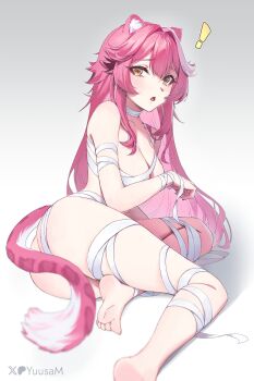 ! 1girl animal_ears artist_name ass bandaged_arm bandaged_chest bandaged_leg bandaged_neck bandages barefoot blush breasts commentary english_commentary feet fingernails grey_background hair_intakes highres hololive hololive_english large_breasts long_hair looking_at_viewer multicolored_hair mummy_costume nail_polish naked_bandage open_mouth panther_ears panther_girl panther_tail patreon_logo patreon_username pink_hair pink_nails pink_tail raora_panthera soles solo streaked_hair tail thighs toes twitter_username two-tone_hair virtual_youtuber yellow_eyes yuusa_matsushima