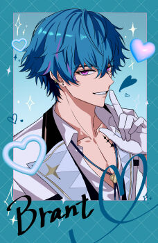 Rule 34 | 1boy, absurdres, alternate costume, blue hair, brant (wuthering waves), character name, collarbone, commentary, english commentary, gloves, grin, hair between eyes, hand up, heart, highres, index finger raised, looking at viewer, male focus, multicolored hair, partially open shirt, pink eyes, sae naiyatsu, shirt, short hair, smile, solo, streaked hair, tacet mark (wuthering waves), white gloves, white shirt, wuthering waves