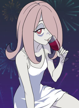 1girl absurdres alcohol breasts brown_hair cleavage collarbone commentary cup dress drinking_glass english_commentary fireworks hair_over_one_eye harukadew highres little_witch_academia long_hair looking_at_viewer outdoors red_eyes signature sky small_breasts smile solo sucy_manbavaran tongue tongue_out white_dress wine wine_glass