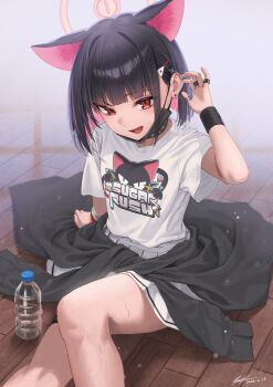Rule 34 | 1girl, absurdres, animal ears, belt, black hair, black mask, blue archive, cat ears, clothes around waist, colored inner animal ears, colored inner hair, commentary request, extra ears, halo, highres, jacket, jacket around waist, kazusa (band) (blue archive), kazusa (blue archive), looking at viewer, mask, mask pull, mouth mask, multicolored hair, official alternate costume, on floor, pink halo, print shirt, red eyes, shirt, sitting, skirt, smile, solo, soyogi iori (ioriwu8), thigh belt, thigh strap, white skirt