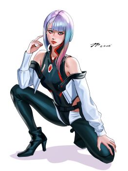 Rule 34 | 1girl, asymmetrical hair, bare shoulders, black boots, black leotard, black pants, blunt bangs, boots, breasts, closed mouth, cropped jacket, cyberpunk: edgerunners, cyberpunk (series), dated, eyeliner, grey eyes, grey hair, grey jacket, highres, jacket, justb1aze, leotard, looking at viewer, lucy (cyberpunk), makeup, medium breasts, multicolored hair, off-shoulder jacket, off shoulder, on one knee, pants, parted bangs, rainbow hair, red eyeliner, red lips, solo, white background