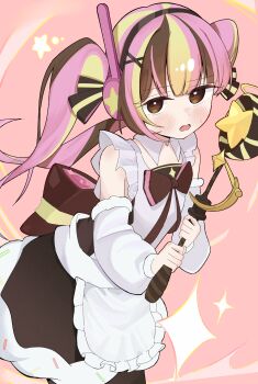 1girl absurdres alternate_costume apron astronaut_cookie blonde_hair blush bow brown_dress brown_eyes captain_poop3 commentary_request cookie_run cookie_run:_ovenbreak dress headset highres holding holding_wand humanization icing_trim korean_commentary looking_at_viewer magical_girl multicolored_hair open_mouth pink_background pink_hair simple_background solo sparkle standing streaked_hair twintails wand
