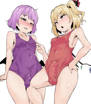 2futa absurdres blonde_hair breasts bulge covered_erect_nipples covered_testicles erection erection_under_clothes flandre_scarlet futa_without_pussy futanari highres humiliation makin_tama multiple_futa nipple_stimulation nipple_tweak one-piece_swimsuit penis_size_difference purple_hair red_eyes remilia_scarlet sideboob size_comparison size_difference skin_tight small_breasts small_penis swimsuit testicles touhou wings