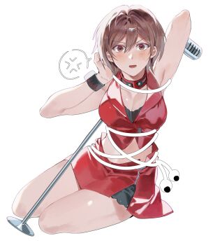 1girl anger_vein arm_behind_head armpits blush bound bracelet breasts brown_eyes brown_hair choker cleavage cropped_jacket earbuds earphones hand_up hashtag-only_commentary highres jacket jewelry large_breasts looking_at_viewer meiko_(vocaloid) microphone_stand midriff miniskirt open_mouth red_choker red_jacket red_skirt samsap short_hair simple_background sitting skirt sleeveless sleeveless_jacket solo speech_bubble spoken_anger_vein sweat tied_up_(nonsexual) v-shaped_eyebrows vocaloid white_background