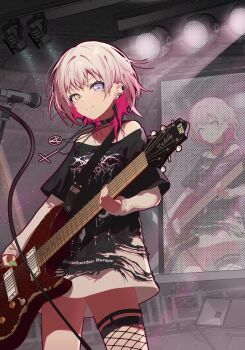 1girl bang_dream! bang_dream!_it's_mygo!!!!! black_choker black_shirt blue_eyes cable choker colored_inner_hair commentary cross darkthrone ear_piercing earclip earrings electric_guitar esp_guitars guitar heterochromia highres holding holding_guitar holding_instrument holding_plectrum instrument inverted_cross jewelry kaname_raana layered_sleeves long_sleeves medium_hair microphone microphone_stand misaki_(xxxhackerxxxxx) multicolored_hair necklace piercing pink_hair plectrum screen shirt short_over_long_sleeves short_sleeves solo white_hair white_shirt yellow_eyes