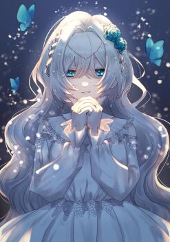 1girl absurdres blue_butterfly blue_eyes blue_flower braid bug butterfly dress earrings flower grey_background hair_between_eyes hair_flower hair_intakes hair_ornament highres insect jewelry light_particles long_sleeves looking_at_viewer nanosuke_(nanonano9) original own_hands_clasped own_hands_together parted_lips simple_background smile solo upper_body wavy_hair white_dress white_hair