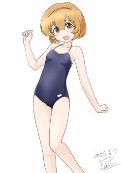 1girl blue_one-piece_swimsuit breasts brown_eyes brown_hair collarbone commentary_request competition_school_swimsuit dated feet_out_of_frame highres idolmaster idolmaster_cinderella_girls idolmaster_cinderella_girls_u149 koga_koharu one-piece_swimsuit plain199 school_swimsuit short_hair signature simple_background small_breasts smile solo standing swimsuit white_background