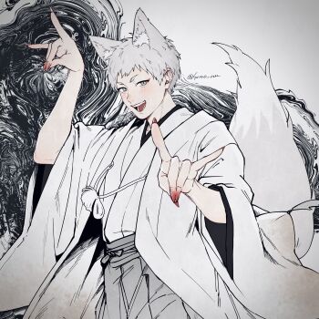 1boy absurdres animal_ear_fluff animal_ears arms_up commentary_request fox_boy fox_ears fox_shadow_puppet fox_tail grey_eyes grey_hair highres hikaru_ga_shinda_natsu indou_hikaru japanese_clothes layered_clothes long_sleeves male_focus open_mouth red_nails short_hair smile solo sono_nu tail twitter_username wide_sleeves