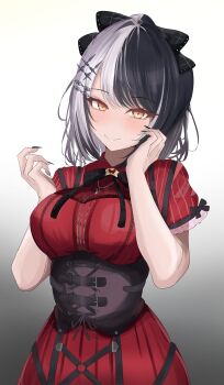 1girl absurdres black_corset black_nails black_ribbon breasts closed_mouth corset dress gradient_background grey_background highres hololive hololive_english large_breasts looking_at_viewer official_alternate_costume official_alternate_hairstyle red_dress ribbon sasaki_ikuya shiori_novella shiori_novella_(casual) smile solo virtual_youtuber