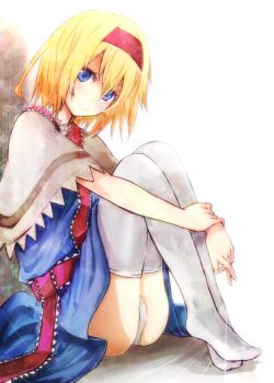 1girl alice_margatroid bad_id bad_pixiv_id blonde_hair blue_eyes female_focus hairband head_tilt hugging_own_legs messy_hair panties pantyshot puppet_strings shiroshi_(denpa_eshidan) short_hair sitting smile solo thighhighs thighs touhou underwear white_thighhighs