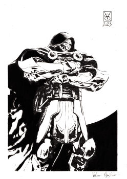 1boy 2023 armor artist_name border cape commentary crossed_arms dark_background dated doctor_doom english_commentary fantastic_four full_armor full_body gloves greyscale helmet highres hood hooded_cape male_focus marvel mask metal_mask monochrome moon power_armor scan signature solo superhero_costume traditional_media valerio_giangiordano western_comics_(style) white_border