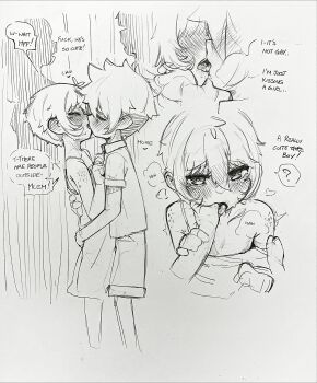 2boys blush english_text finger_in_another&#039;s_mouth french_kiss graphite_(medium) greyscale highres kiss kodomo_doushi male_focus monochrome multiple_boys original renocoffee short_hair short_sleeves shota tongue tongue_out traditional_media very_short_hair yaoi