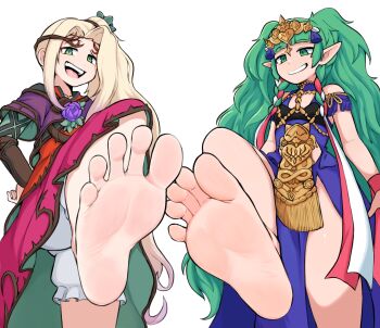 2girls asymmetrical_hair bare_legs bare_shoulders barefoot blonde_hair blunt_bangs braid commentary dress english_commentary feet fire_emblem fire_emblem:_three_houses flower foot_focus foot_out_of_frame foreshortening frilled_shorts frills gold_trim green_eyes green_hair hair_ornament hand_on_own_hip highres kid_icarus kid_icarus_uprising long_hair looking_at_viewer multiple_girls nintendo pelvic_curtain pointy_ears pov_stomped presenting_foot purple_flower short_sleeves shorts shorts_under_skirt simple_background smile smug softhanten soles sothis_(fire_emblem) spread_toes standing standing_on_one_leg tassel teeth thighs tiara toes twintails upper_teeth_only very_long_hair viridi white_background white_shorts