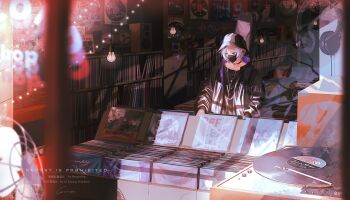 1boy absurdres black_choker black_hat black_jacket black_mask black_shirt blurry blurry_foreground bucket_hat ca_mei chain chain_necklace choker earbuds earphones earrings fuwa_minato fuwa_minato_(9th_costume) grey_hair hat headphones highres indoors instrument_case instrument_case_on_back jacket jewelry light_bulb long_sleeves looking_down male_focus mask mouth_mask multicolored_hair necklace nijisanji official_alternate_costume open_clothes open_jacket poster_(object) shirt short_hair solo streaked_hair string_of_light_bulbs upper_body vinyl_record virtual_youtuber