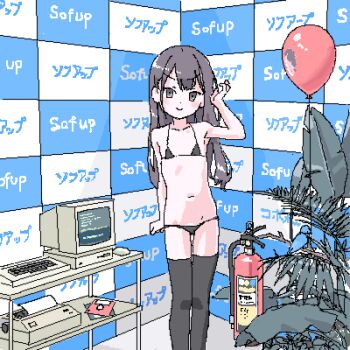 1girl aliasing balloon bikini black_bikini black_hair black_thighhighs computer computer_keyboard computer_mouse crt dot_nose facing_viewer feet_out_of_frame female_focus fire_extinguisher flat_chest floppy_disk light_smile lokulo_no_mawashimono loli long_hair looking_at_viewer lowleg lowleg_bikini lowres micro_bikini monitor navel original plant potted_plant printer smile solo swimsuit thighhighs