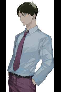 Rule 34 | 1boy, absurdres, adam's apple, belt, black belt, black hair, blue shirt, buttons, closed mouth, commentary request, cowboy shot, dress shirt, green eyes, grid print, haikyuu!!, hand in pocket, highres, male focus, necktie, nemuideshooo, pants, pillarboxed, purple necktie, purple pants, school uniform, shiratorizawa academy school uniform, shirt, shirt tucked in, short hair, solo, standing, ushijima wakatoshi