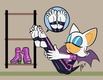 absurdres barefoot bodysuit commission elbow_gloves exercising gloves highres latex latex_bodysuit latex_gloves latex_legwear on_floor qqlettuce rouge_the_bat sonic_(series) sonic_prime stretching wings