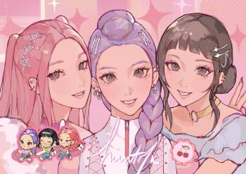 Rule 34 | 3girls, arm around shoulder, black hair, blue pants, blue shirt, blunt bangs, blush stickers, border, braid, brown eyes, cherry, chibi, chibi inset, choker, closed mouth, earrings, food, frilled sleeves, frills, fruit, grey skirt, hair ornament, hair over shoulder, hairclip, half updo, headphones, highres, holding, holding headphones, jewelry, kpop demon hunters, mira (kpop demon hunters), multiple earrings, multiple girls, necklace, pants, parted bangs, parted lips, pink background, pink border, pink hair, pink shirt, purple hair, purple shirt, rumi (kpop demon hunters), shirt, short bangs, short sleeves, sidelocks, single braid, skirt, sleeveless, sleeveless shirt, smile, star (symbol), star hair ornament, sumi (suumiko ), sweatdrop, twintails, upper body, v, white shirt, yellow choker, yellow shirt, zoey (kpop demon hunters)