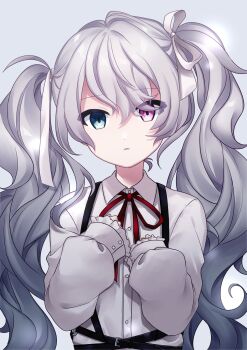 1girl 25-ji_miku aqua_eyes breasts collared_shirt commentary_request grey_hair hair_between_eyes hair_ornament hair_ribbon hand_on_own_chest hands_on_own_chest hatsune_miku heterochromia highres long_hair looking_at_viewer medium_breasts pink_eyes pink_ribbon pochimaru_(marumaru_wanwan) project_sekai ribbon shirt solo twintails very_long_hair vocaloid white_background white_shirt