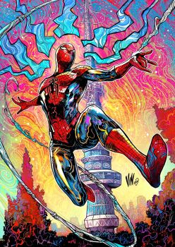1boy abstract_background animal_print artist_name bodysuit colorful_background dynamic_pose male_focus marvel mask mask_on_head monument multicolored_bodysuit outdoors plant print_bodysuit red_bodysuit red_mask reflection signature silk sky skyline spider-man spider-man_(series) spider_print spider_web spider_web_print superhero_costume two-tone_bodysuit vinartwork white_eyes