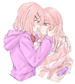 2girls amaori_haruna amaori_renako blush closed_mouth controller fen_(sef_fen) game_controller hands_on_another&#039;s_face holding holding_controller holding_game_controller hood hoodie incest long_hair multiple_girls open_mouth pink_hair pink_hoodie purple_eyes purple_hoodie siblings simple_background sisters upper_body watashi_ga_koibito_ni_nareru_wake_naijan_murimuri! white_background yuri