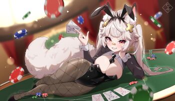 1girl absurdres animal_ear_fluff animal_ears bandaid bandaid_on_face bandaid_on_nose between_breasts black_leotard black_nails black_necktie blonde_hair breasts card cleavage clothes_between_breasts cross_hair_ornament fake_animal_ears fishnet_pantyhose fishnets fox_ears fox_girl fox_tail grin hair_ornament hayate_fish highres indie_virtual_youtuber leotard looking_at_viewer medium_breasts necktie necktie_between_breasts pantyhose playboy_bunny playing_card poker_chip poker_table rabbit_ears shirahiko_(vtuber) short_eyebrows smile smug solo table tail thighs twintails virtual_youtuber white_wrist_cuffs wide_hips wrist_cuffs