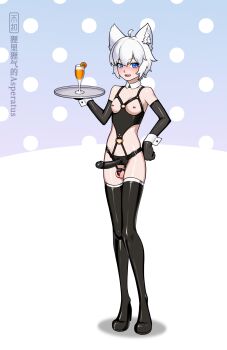 1boy :d ahoge ambiguous_orange_liquid animal_ears artist_name belt_buckle black_boots black_gloves black_thighhighs blue_background blue_eyes blue_pupils blush bob_cut bondage_outfit boots buckle chastity_cage chastity_cage_strap chinese_commentary commentary_request cup dildo drink drinking_glass elbow_gloves eyebrows_visible_through_hat eyelashes fang food fruit full-face_blush full_body gloves gradient_background hair_between_eyes hand_on_own_hip happy harness high_heel_boots high_heels highres holding holding_tray latex latex_gloves latex_thigh_boots light_smile looking_at_viewer nipple_piercing nose o-ring o-ring_harness open_mouth orange_(fruit) orange_slice original piercing polka_dot polka_dot_background purple_background revealing_chastity_cage revealing_clothes sex_toy shadow shengshouqlw short_hair skindentation skinny small_chastity_cage smile solo standing strap-on testicles thighhighs topless_male trap tray underbust white_background white_hair white_polka_dots wolf_ears wrist_cuffs