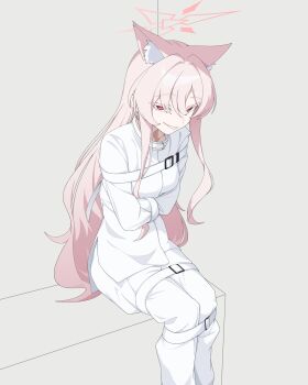 Rule 34 | 1girl, absurdres, akira (blue archive), alternate costume, animal ear fluff, animal ears, blue archive, bound, bound arms, breasts, cat ears, cat girl, commentary, grey background, grin, hair between eyes, halo, highres, long hair, looking at viewer, mandara3a, medium breasts, pink hair, red eyes, sidelocks, simple background, sitting, smile, solo, straitjacket, very long hair