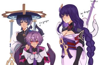 1girl 2boys absurdres alternate_height aqua_sleeves arm_at_side artist_name black_bodysuit black_bridal_gauntlets black_hair black_horns black_shrug black_sleeves blue_hat blunt_bangs blunt_ends bodysuit braid breasts bridal_gauntlets bright_pupils by_nearreya chest_jewel chinese_knot cleavage clenched_hands closed_mouth collar dragon_boy dragon_horns dragon_wings eyelashes eyeliner eyeshadow facial_mark forehead_mark furisode gem genshin_impact gloves gold hair_between_eyes hand_on_another&#039;s_shoulder hat heart-shaped_gem height_difference highres horns japanese_clothes jingasa kimono layered_sleeves long_hair long_sleeves looking_at_another looking_at_viewer looking_past_viewer low-braided_long_hair low-tied_long_hair makeup mandarin_collar medium_breasts mini_durin_(genshin_impact) mini_durin_(human)_(genshin_impact) multicolored_hair multiple_boys musou_isshin_(genshin_impact) obi obiage obijime off_shoulder orobashi_(genshin_impact) parted_lips pink_hair pink_kimono pink_sleeves purple_eyes purple_hair purple_sash purple_wings raiden_shogun red_eyeliner red_eyes red_eyeshadow red_gemstone red_sash sash scaramouche_(genshin_impact) shoulder_peek shrug_(clothing) sidelocks single_sode slit_pupils smile snake stab streaked_hair tassel tsurime wanderer_(genshin_impact) white_background white_collar white_gloves white_mouth white_pupils white_sleeves white_snake wings wispy_bangs x_eye