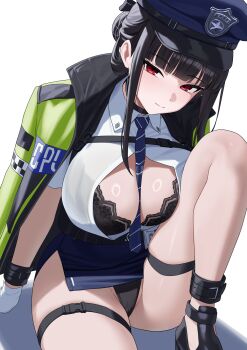 1girl black_bra black_hair black_panties blue_skirt bra breasts cleavage commentary d_(killer_wife)_(secret_police)_(nikke) d_(nikke) goddess_of_victory:_nikke highres jacket knee_up looking_at_viewer official_alternate_costume panties pencil_skirt police police_uniform policewoman red_eyes short_hair simple_background skirt solo thighs underwear white_background xi_oshir1