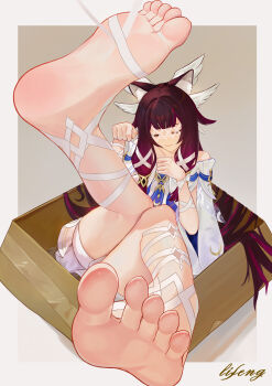 1girl absurdres animal_ears barefoot box brown_hair cardboard_box closed_eyes columbina_(genshin_impact) feet genshin_impact highres li_feng_(user_hvnc4748) long_hair paw_pose smile soles toes