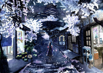 Rule 34 | 1girl, architecture, building, cherry blossoms, city, commentary, east asian architecture, facing away, from behind, highres, kyuui, night, original, outdoors, painting (medium), road, scenery, shop, standing, street, traditional media, watercolor (medium), wide shot