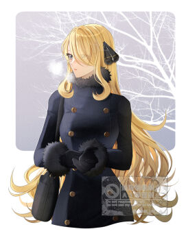 1girl bag black_coat black_gloves blonde_hair breasts breath buttons coat cynthia_(pokemon) fur_collar fur_trim gloves grey_eyes hair_ornament hair_over_one_eye long_hair long_sleeves nintendo pokemon pokemon_dppt sakaralalala shoulder_bag solo very_long_hair winter_clothes winter_coat