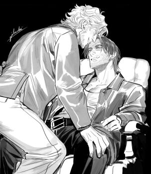 2boys beard_stubble belt black_background chair collared_jacket commentary_request curly_(mouthwashing) curly_(pre-crash)_(mouthwashing) eye_contact facial_hair gibachi_nich greyscale grin hand_on_another's_back hand_on_another's_knee jacket jimmy_(mouthwashing) looking_at_another male_focus monochrome mouthwashing multiple_boys open_clothes open_jacket pants parted_hair scoop_neck shirt short_hair sitting smile stubble wavy_hair yaoi