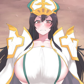 1girl black_hair blush breasts female_focus huge_breasts kivia_patausche looking_at_viewer lying pt red_eyes solo solo_focus sweat yuushakei_ni_shosu