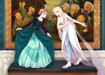 2girls anna_(frozen) bare_shoulders blonde_hair blue_dress braid breasts dress elbow_gloves elsa_(frozen) flower frozen_(disney) frozen_2 full_body gloves inu0831 jewelry long_dress long_hair medium_breasts multiple_boys multiple_girls siblings sisters sleeveless sleeveless_dress