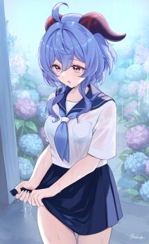 1girl absurdres ahoge alternate_costume amaneko_(amaneko_y) blue_bra blue_flower blue_hair blue_neckerchief blue_skirt bra bra_visible_through_clothes breasts cowboy_shot flower ganyu_(genshin_impact) genshin_impact goat_horns hair_between_eyes highres horns long_hair medium_breasts neckerchief open_mouth purple_flower rain red_eyes school_uniform see-through_clothes see-through_bra serafuku shirt sidelocks signature skirt solo underwear wet wet_clothes white_shirt wringing_clothes wringing_skirt