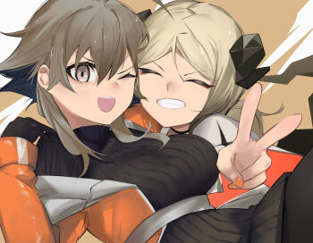 2girls ao_oni_(onioni-aoi) arknights belt black_gloves black_pantyhose black_sweater blonde_hair blush breasts brown_hair clenched_teeth closed_eyes commission demon_horns demon_tail gloves hair_between_eyes highres horns ifrit_(arknights) jacket large_breasts mayer_(arknights) multicolored_background multiple_girls nose nose_blush one_eye_closed open_mouth orange_jacket orange_nails pantyhose pixiv_commission ribbed_sweater short_hair_with_long_locks smile sweater tail teeth turtleneck turtleneck_sweater upper_teeth_only v white_background white_belt yellow_background