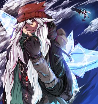 1boy az_(pokemon) beanie black_flower black_gloves brown_eyes closed_mouth cloud commentary_request fingerless_gloves floette floette_(eternal) flower gen_6_pokemon gloves green_scarf hair_over_one_eye hat holding holding_flower jewelry key key_necklace long_hair long_sleeves male_focus max_michiko_fever necklace nintendo pokemon pokemon_(creature) pokemon_xy red_hat scarf solo_focus ultimate_weapon_(pokemon) upper_body white_hair