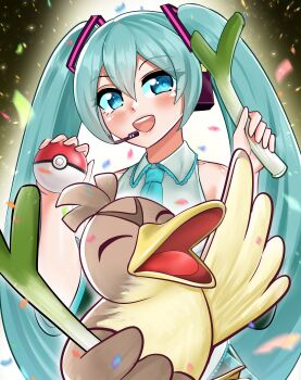 1girl 1other absurdres aqua_eyes aqua_hair aqua_necktie aqua_trim bird blush collarbone collared_shirt duck farfetch&#039;d gen_1_pokemon hair_between_eyes hair_ornament hatsune_miku headset highres holding holding_poke_ball katou_shinobu long_hair looking_at_viewer necktie nintendo open_mouth poke_ball pokemon pokemon_(creature) project_voltage shirt sleeveless sleeveless_shirt smile spring_onion twintails very_long_hair vocaloid white_shirt