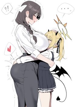 !? ... 2girls ^_^ absurdres age_difference black_dress black_hair black_skirt blonde_hair bloomers blue_archive braid breasts closed_eyes commentary demon_girl demon_horns demon_tail demon_wings doodle_sensei_(blue_archive) dress dress_shirt female_sensei_(blue_archive)_(xipa) from_side grabbing_another's_ass groping hair_over_shoulder half-closed_eyes halo headpat heart highres horns hug huge_breasts ibuki_(blue_archive) loli mature_female multiple_girls older_female_and_younger_female onee-loli paper_on_head pinafore_dress pointy_ears sensei_(blue_archive) shirt shirt_tucked_in simple_background skirt sleeveless sleeveless_dress spoken_ellipsis spoken_heart spoken_interrobang tail twitching underwear white_background white_bloomers white_shirt wings xipa yuri