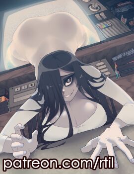 1girl 2024 ass black_eyes black_hair breasts cassette_player colored_skin crawling crt downblouse dress female_focus grey_skin grin hair_over_one_eye highres huge_breasts indoors long_hair looking_at_viewer no_bra one_eye_covered parody patreon_username rtil shiny_skin smile solo static the_ring through_medium through_screen title_parody top-down_bottom-up white_dress yamamura_sadako