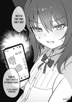 1boy bow bowtie cellphone clenched_teeth commentary english_commentary english_text gloves greyscale highres holding holding_phone hypnosis_app looking_at_viewer male_focus meme monochrome oo_ee_a_e_a_(meme) original phone rat_squeak short_hair sleeveless smartphone solo speech_bubble sweatdrop teeth trap upper_body v-shaped_eyebrows